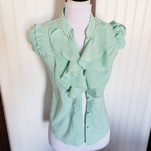 Chinese Boutique Tops - Mint green ruffle pearl silk short sleeve blouse